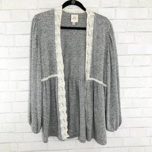 Knox Rose Gray & White Cardigan with Lace Trim and Balloon Sleeves Large